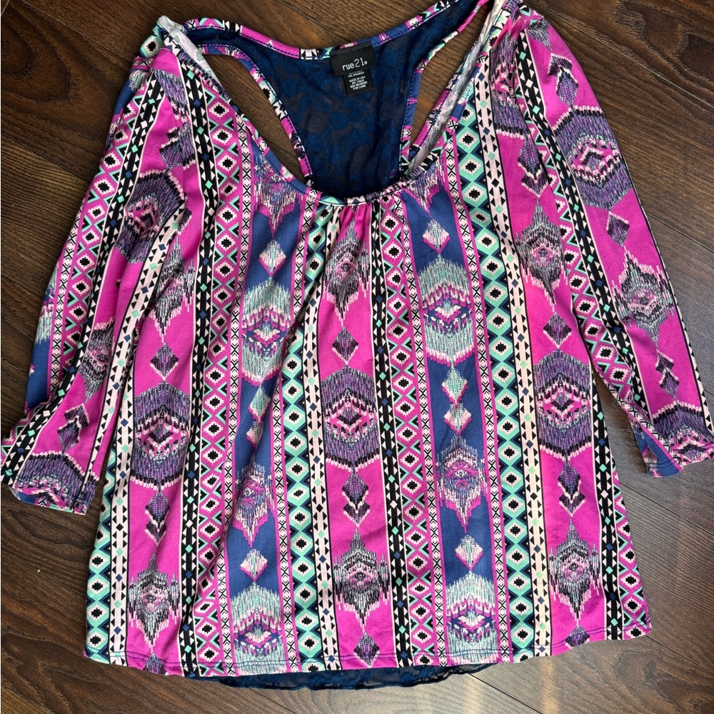 Rue21 Pink and Blue Patterned Blouse